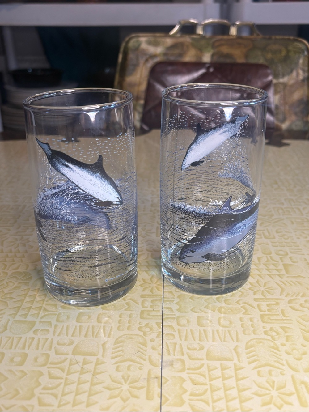 Vintage Set of Two Dolphin Glass Tumblers - Clear Glass with Silver Dolphins